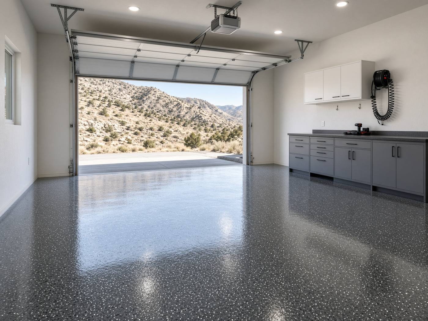 Garage floor after full-flake epoxy and polyaspartic topcoat