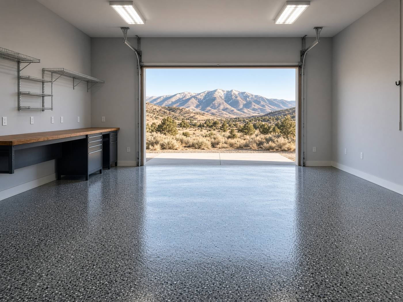 Finished full-flake epoxy garage floor in a two-car garage